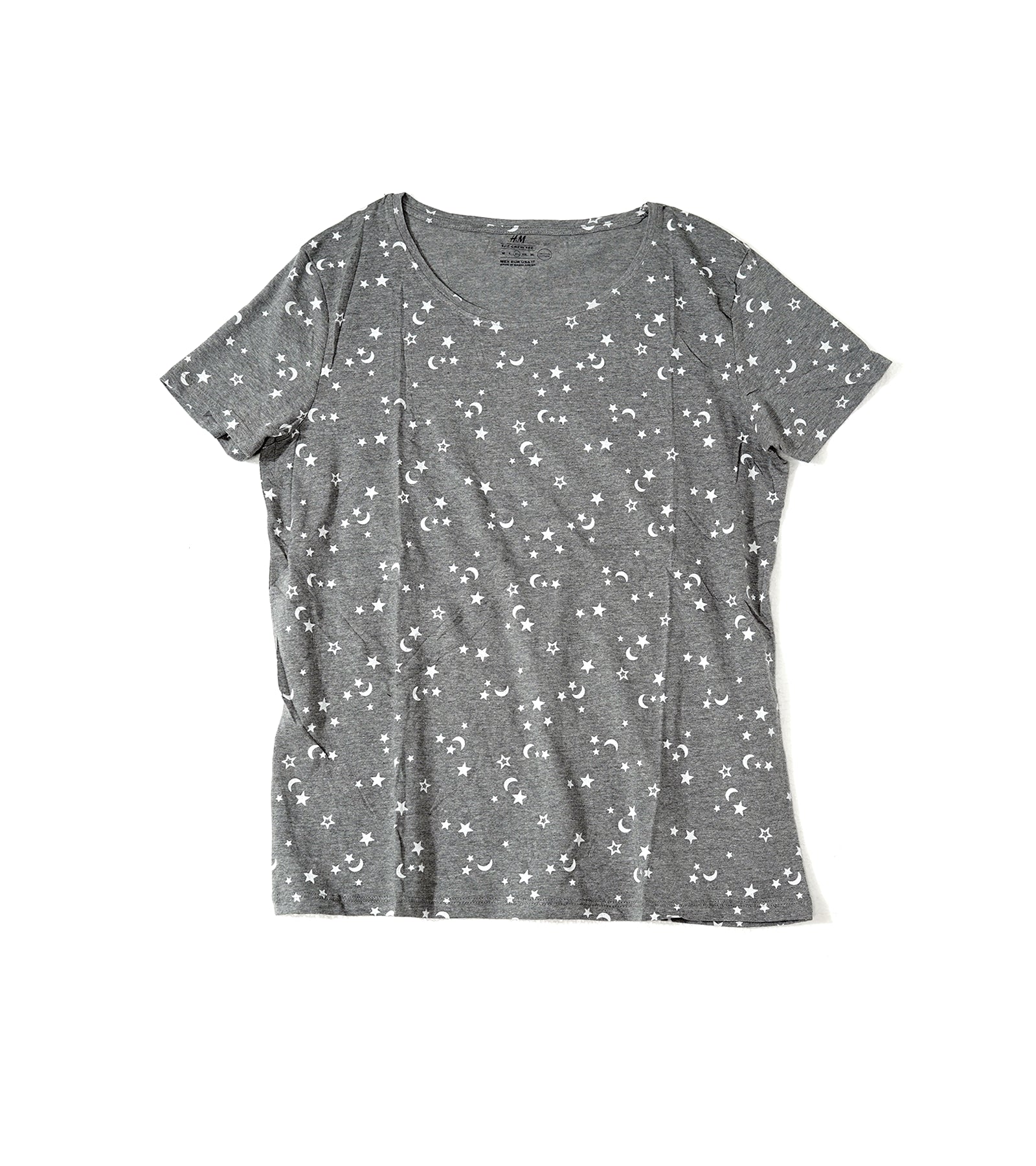 H&M Women’s Grey Short Sleeve T-Shirt with All-Over White Star & Moon Print | Soft Cotton Blend