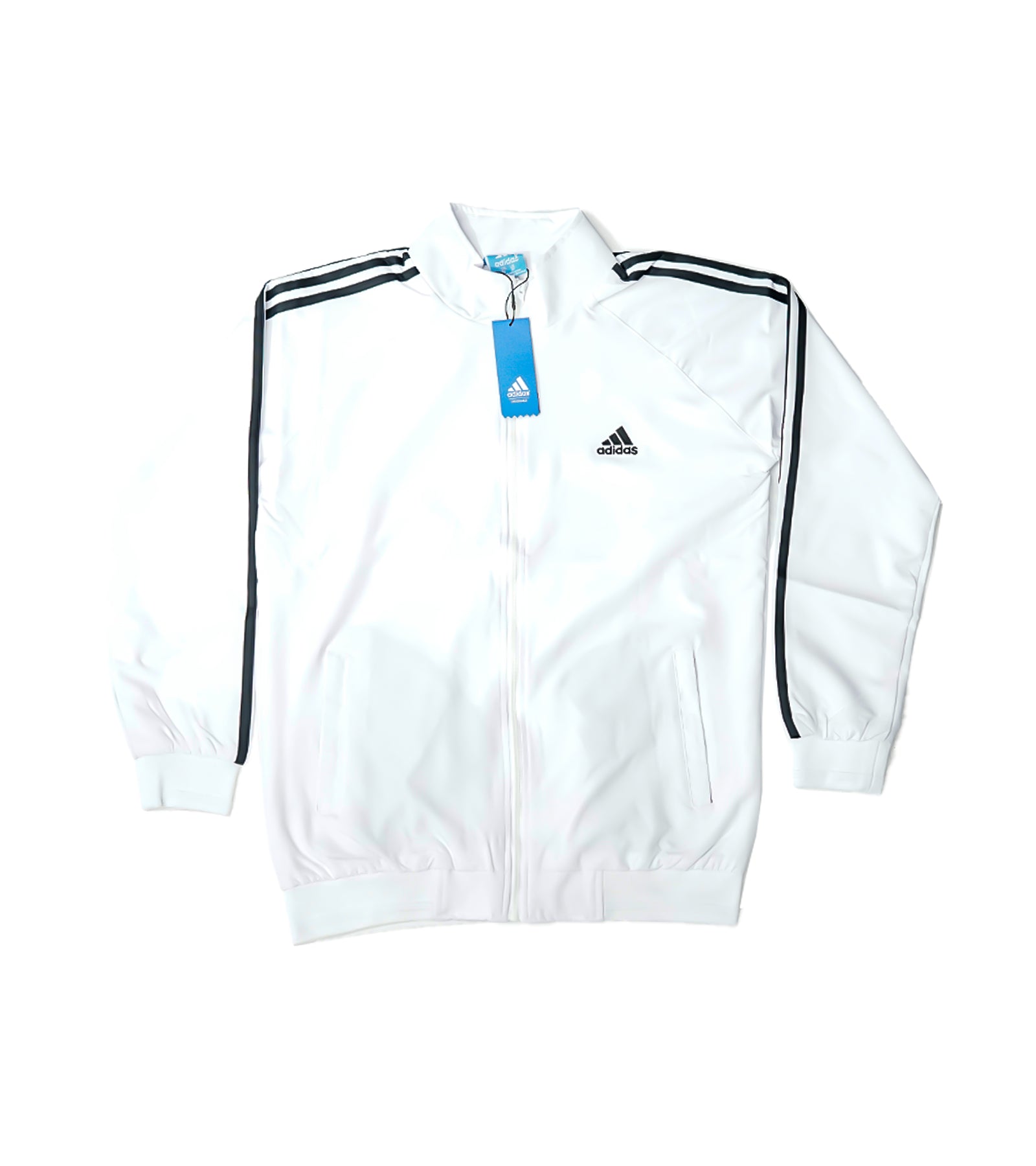 Adidas Premium Zipper Jacket | White Athletic Zip Jacket with Black Stripes