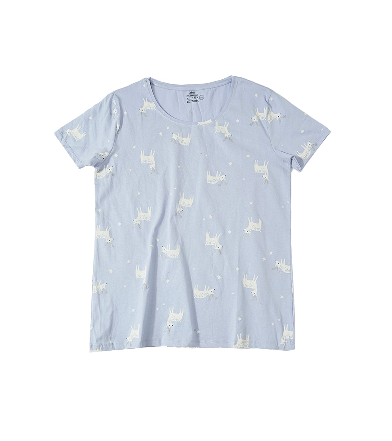 H&M Women’s Light Blue Short Sleeve T-Shirt with Cute White Llama & Star Print | Soft Cotton Blend