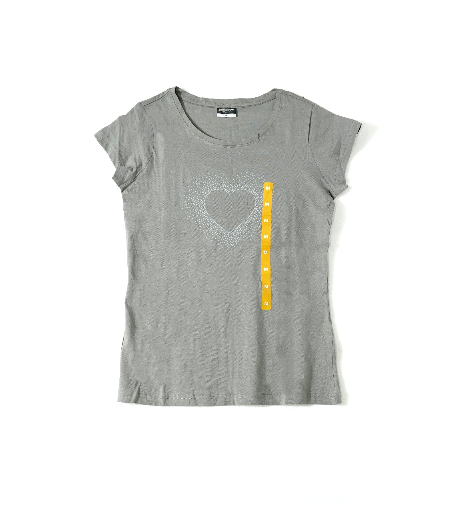 Grey Short-Sleeve T-Shirt with Sparkling Heart & Vertical “M” Print – Casual Women’s Graphic Tee