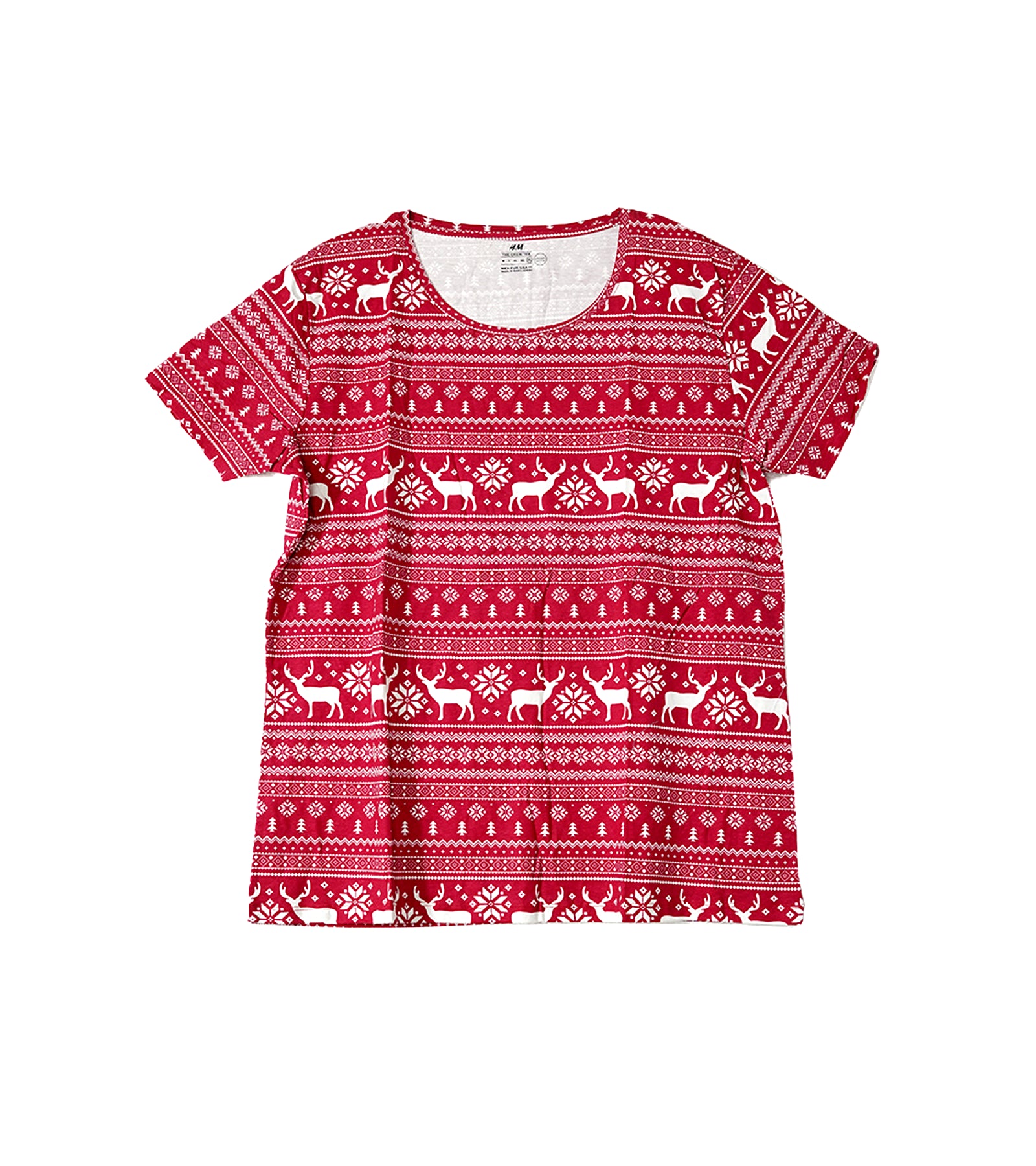 H&M Women’s Red Holiday T-Shirt with Reindeer & Snowflake Fair Isle Print | Soft Cotton Blend, Festive Short Sleeve Top