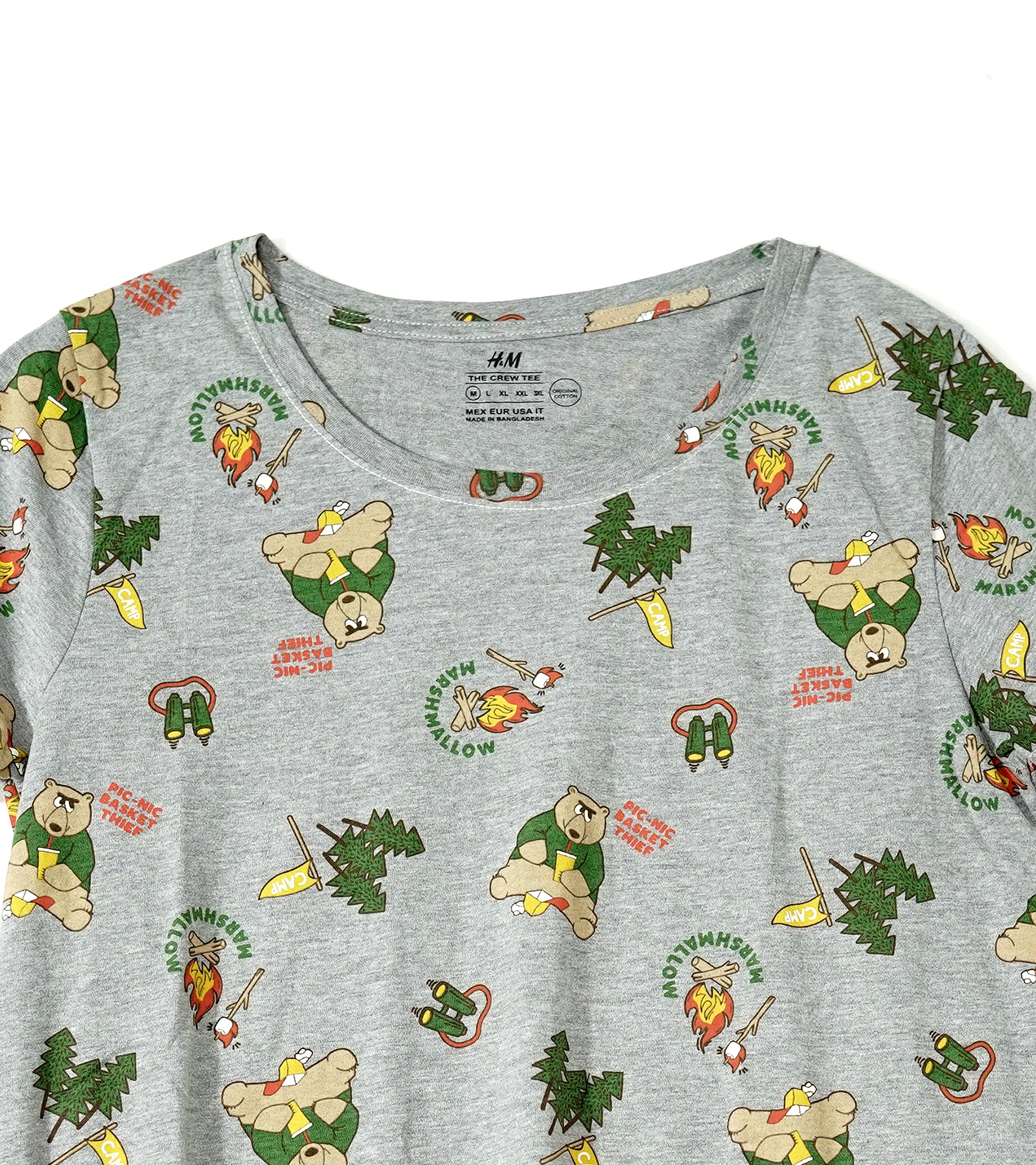H&M Premium Round Neck T-Shirt – Grey Base with Playful Camping Bear Print | Soft Cotton, Relaxed Fit