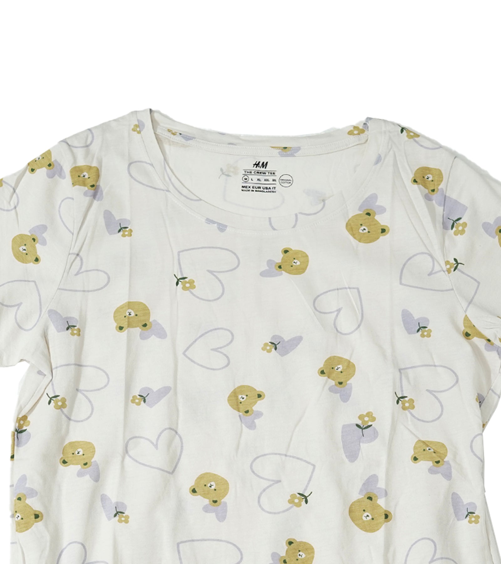 H&M Women’s White Short Sleeve T-Shirt with Cute Teddy Bear & Heart Print | Soft Cotton Blend, Relaxed Fit