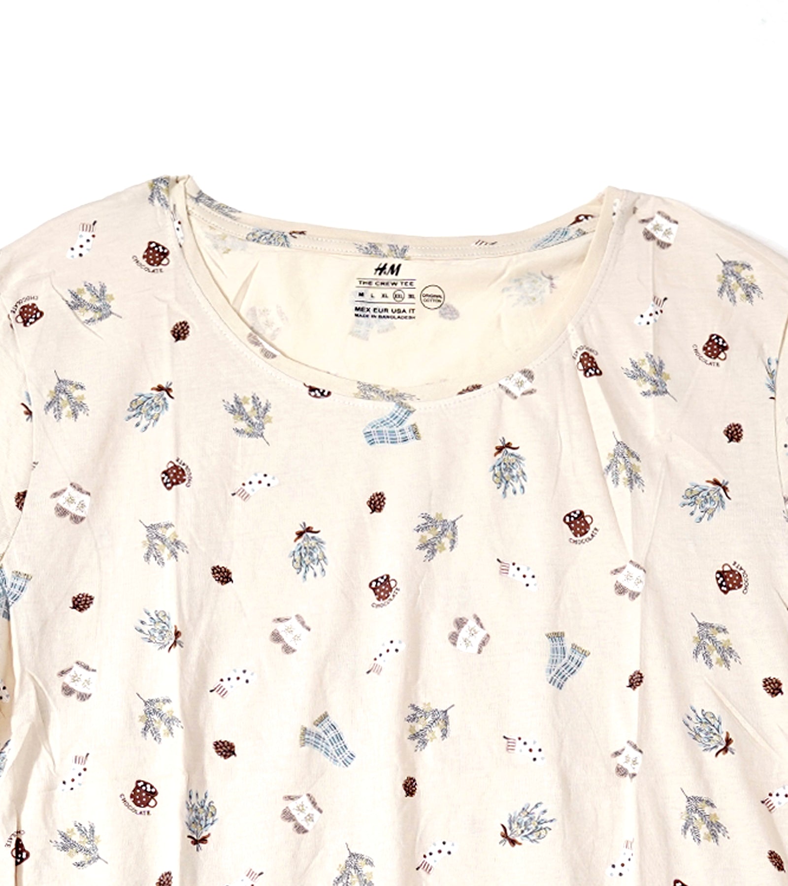 H&M Women’s Cream Short Sleeve T-Shirt with Mini Botanical Print | Soft Cotton Blend, Relaxed Fit