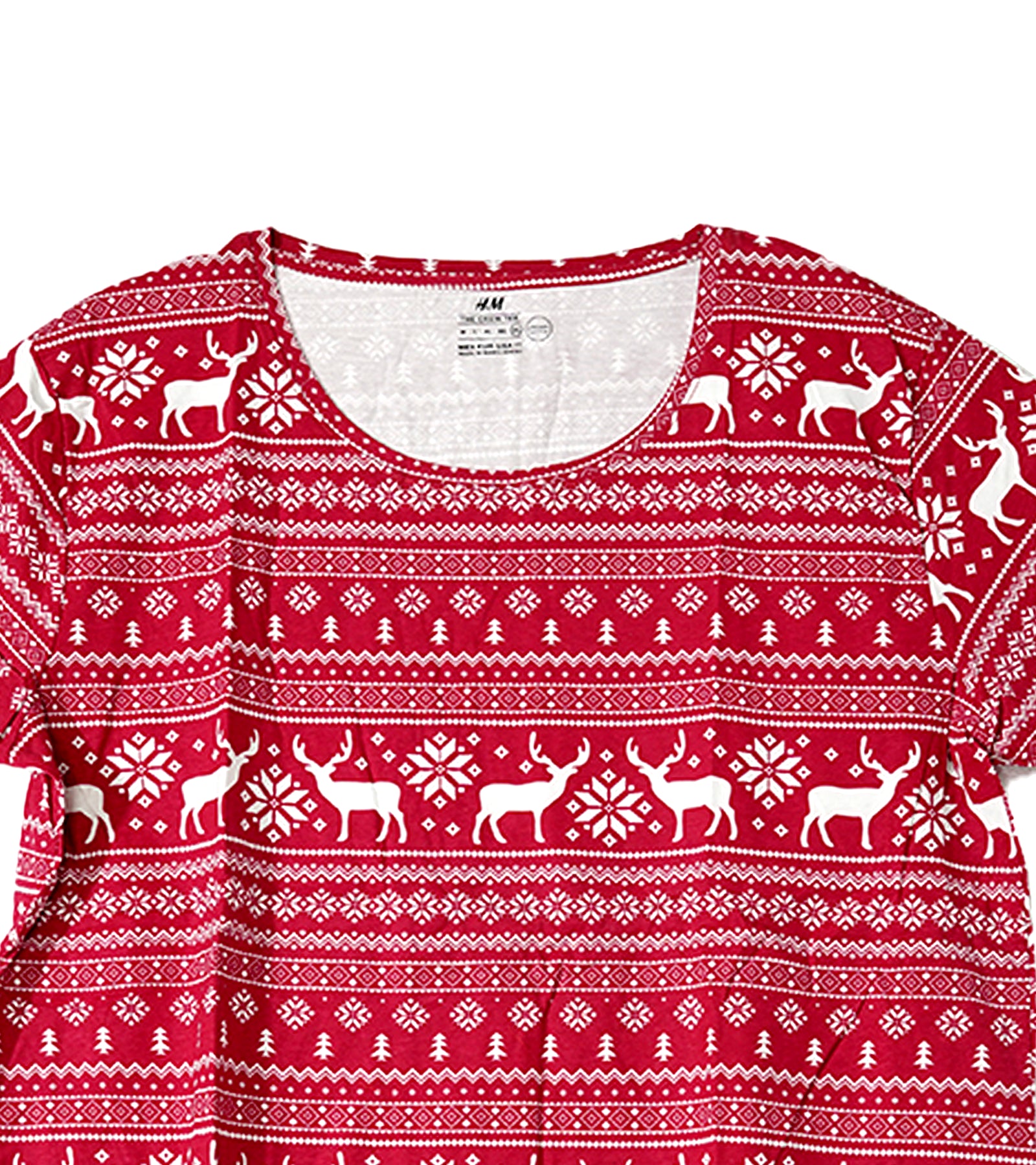 H&M Women’s Red Holiday T-Shirt with Reindeer & Snowflake Fair Isle Print | Soft Cotton Blend, Festive Short Sleeve Top